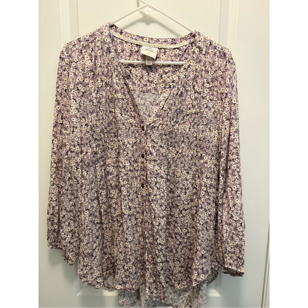 Knox Rose XL Floral Boho Tunic Top Mauve Rayon Smocked Front 3/4 Sleeve - Picture 2 of 6